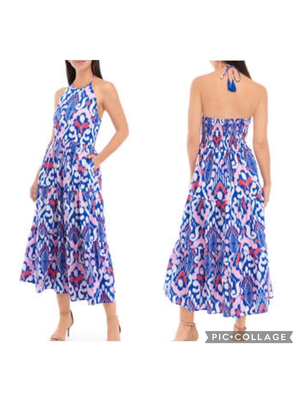 Crown & Ivy Cotton Halter Neck blue pink Maxi Dress open smocked back size L